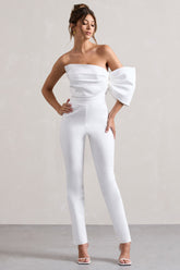 White Satin Strapless One-Sleeve Straight-Leg Jumpsuit